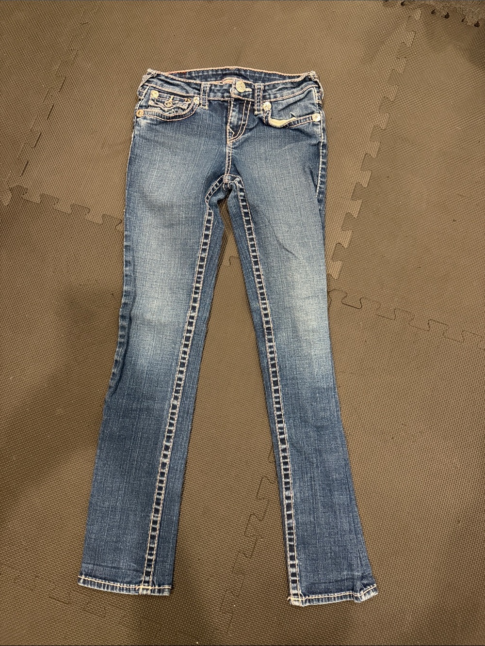True Religion Blue Denim Jeans with Pink Stitching